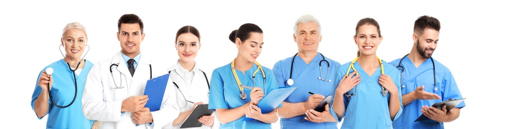 Different healthcare workers in uniforms on white background