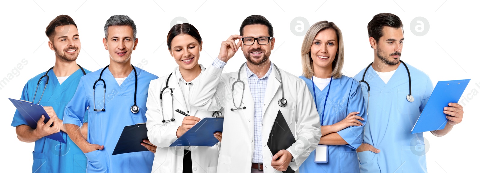 Image of Different healthcare workers in uniforms on white background