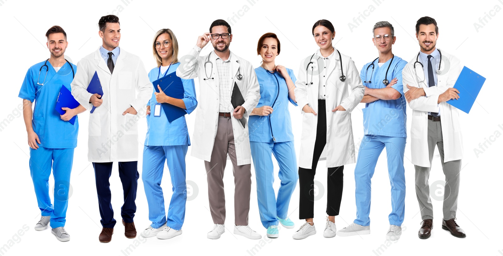 Image of Different healthcare workers in uniforms on white background