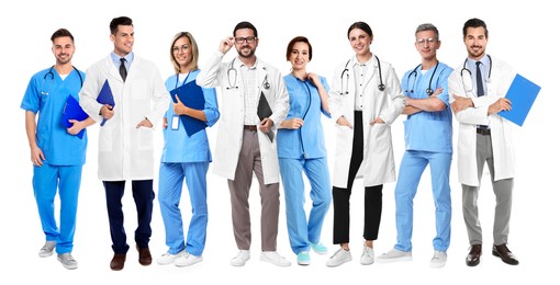 Image of Different healthcare workers in uniforms on white background