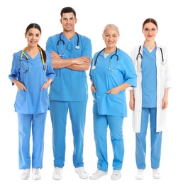 Different healthcare workers in uniforms on white background