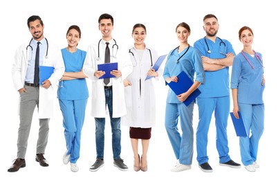 Image of Different healthcare workers in uniforms on white background