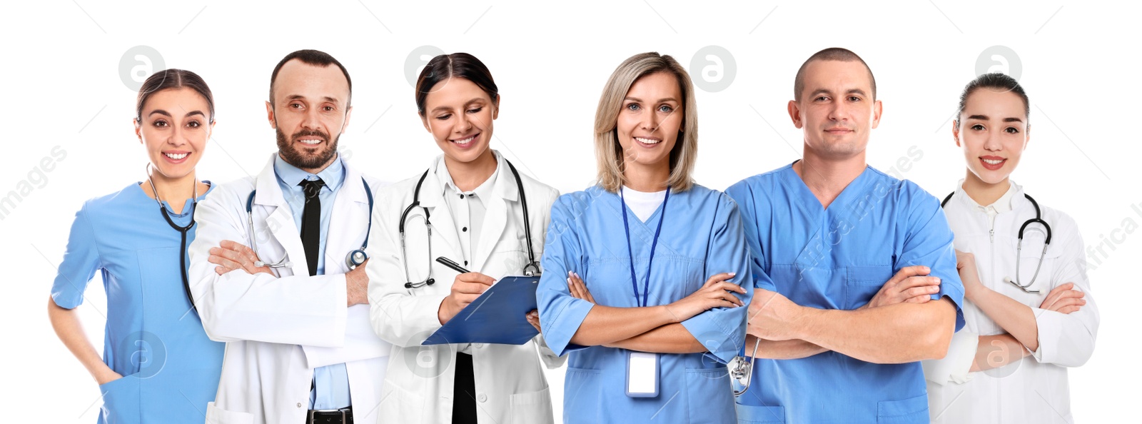 Image of Different healthcare workers in uniforms on white background