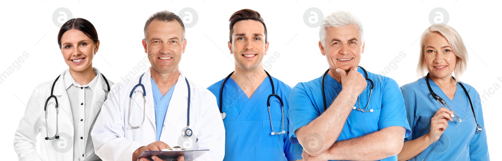 Image of Different healthcare workers in uniforms on white background