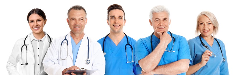 Image of Different healthcare workers in uniforms on white background