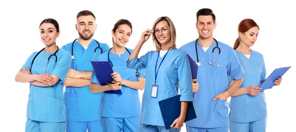 Image of Different healthcare workers in uniforms on white background