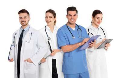 Image of Different healthcare workers in uniforms on white background