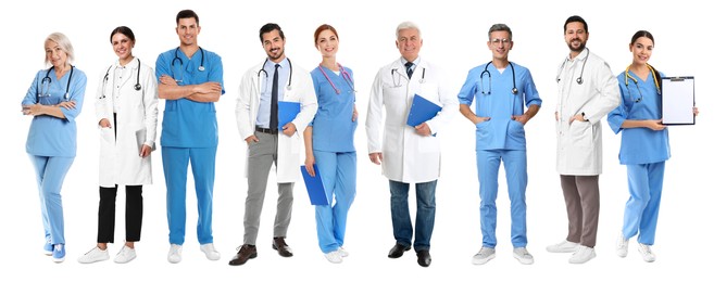 Different healthcare workers in uniforms on white background