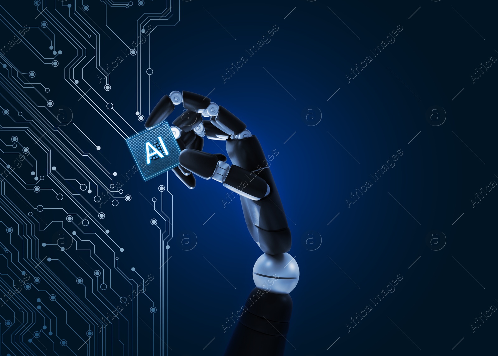 Image of AI abbreviation in robot hand on dark blue background with electric circuit board pattern