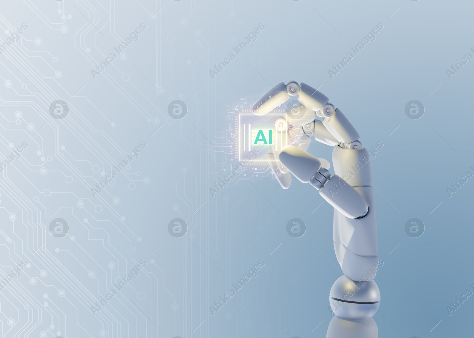 Image of AI abbreviation in robot hand on color background with electric circuit board pattern