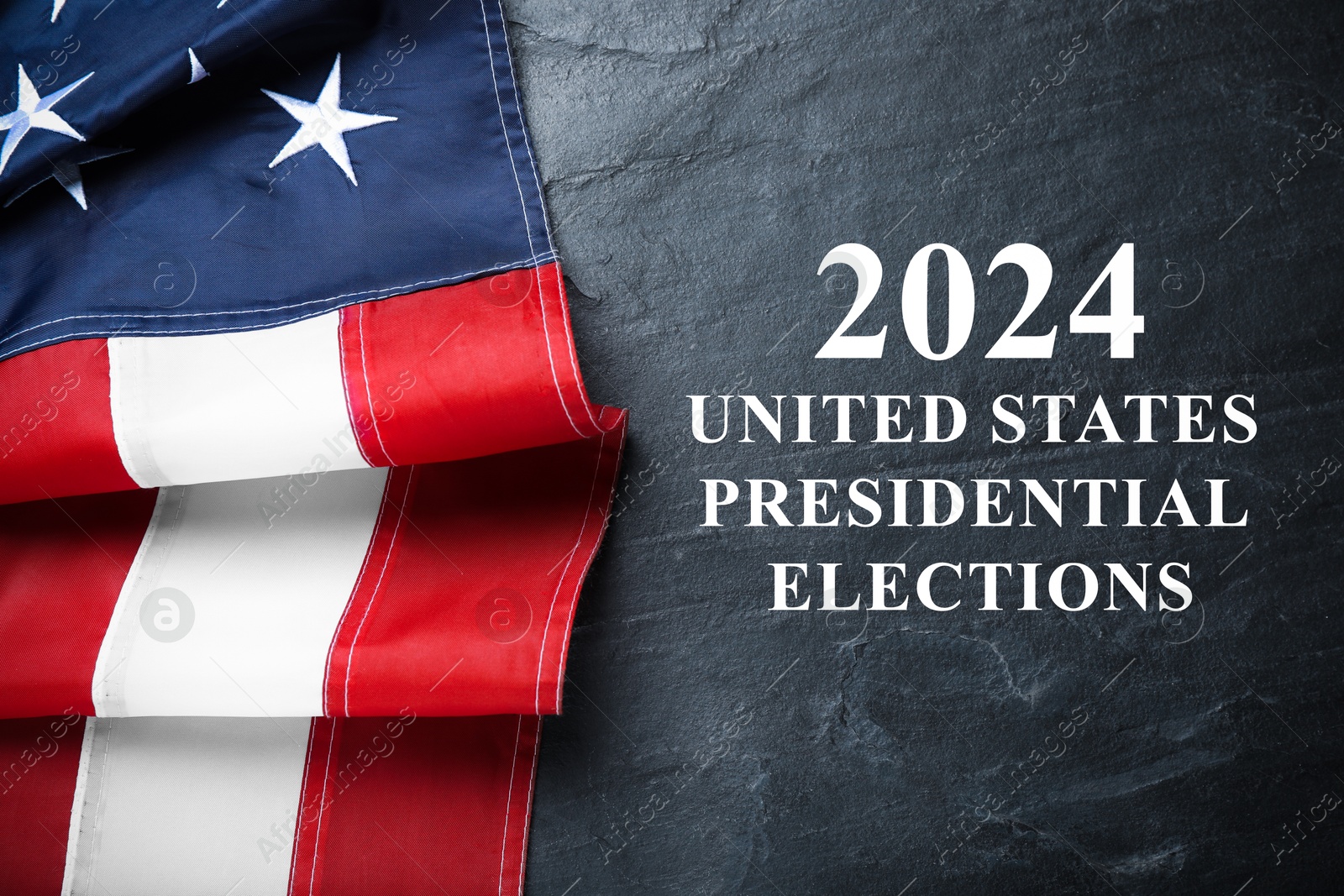 Image of 2024 United States presidential elections. American flag on black stone background