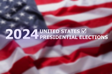 Image of 2024 United States presidential elections text against blurred American flag