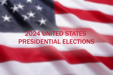 Image of 2024 United States presidential elections text against blurred American flag