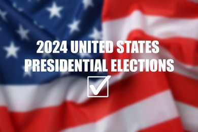 Image of 2024 United States presidential elections text against blurred American flag