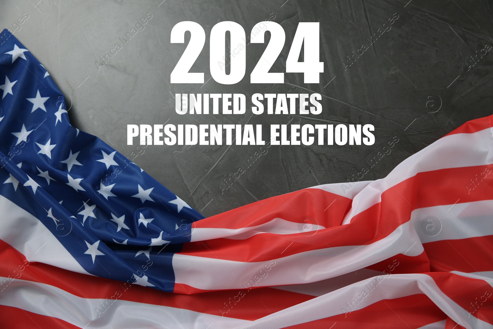 Image of 2024 United States presidential elections. American flag on black stone background