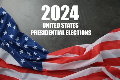 Image of 2024 United States presidential elections. American flag on black stone background