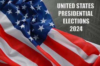 Image of 2024 United States presidential elections. American flag on black stone background