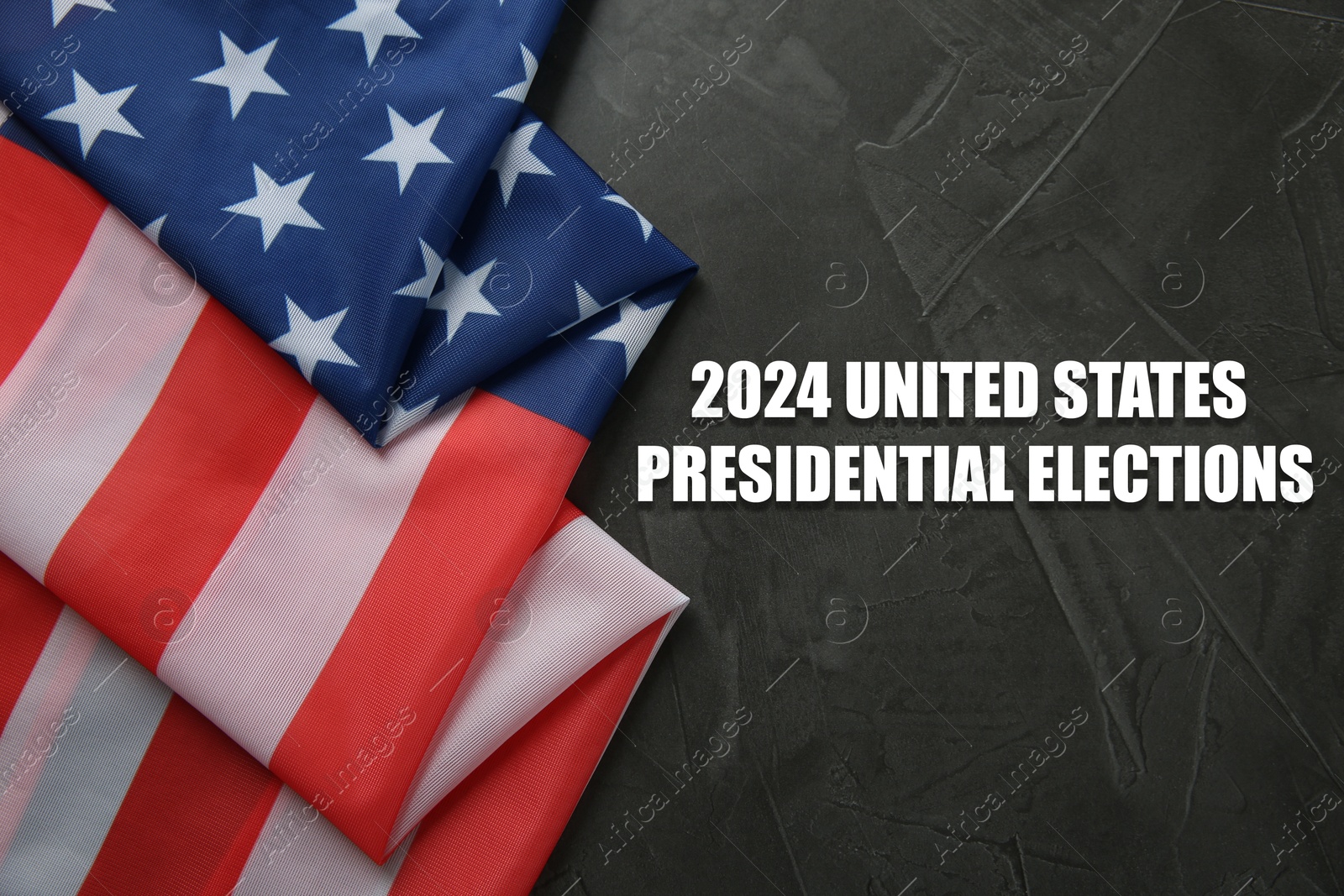 Image of 2024 United States presidential elections. American flag on black stone background