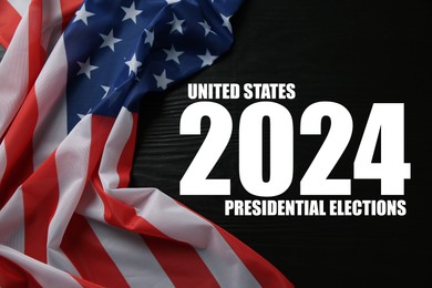 Image of 2024 United States presidential elections. American flag on black wooden background