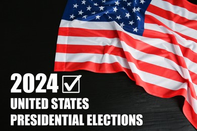 Image of 2024 United States presidential elections. American flag on black wooden background