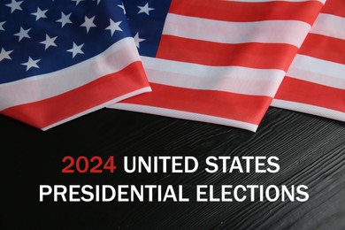 Image of 2024 United States presidential elections. American flag on black wooden background