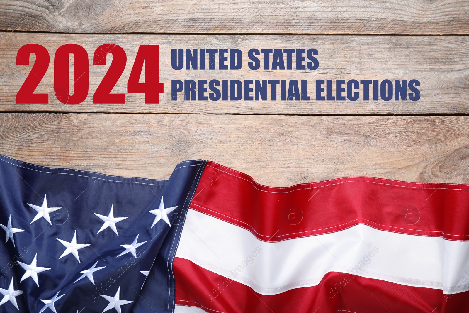 Image of 2024 United States presidential elections. American flag on wooden background