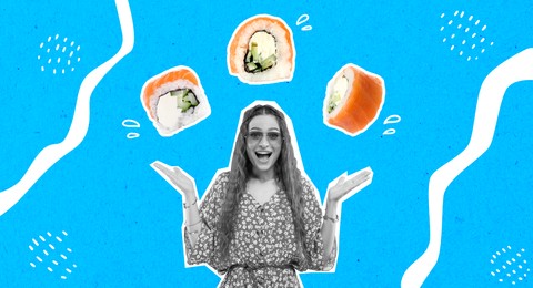 Excited woman with sushi rolls over her head on light blue background, creative collage. Banner design