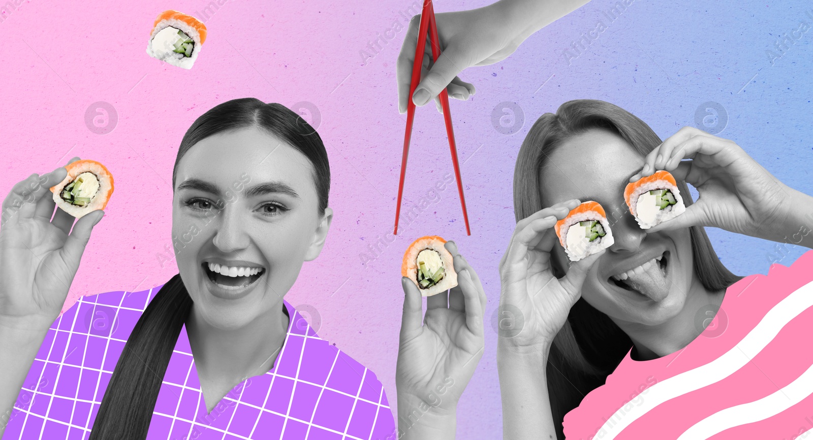 Image of Friends with yummy sushi rolls on color background, creative collage. Banner design