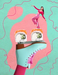 Image of Yummy sushi rolls with salmon on roller skate and dancing girl color background, creative collage