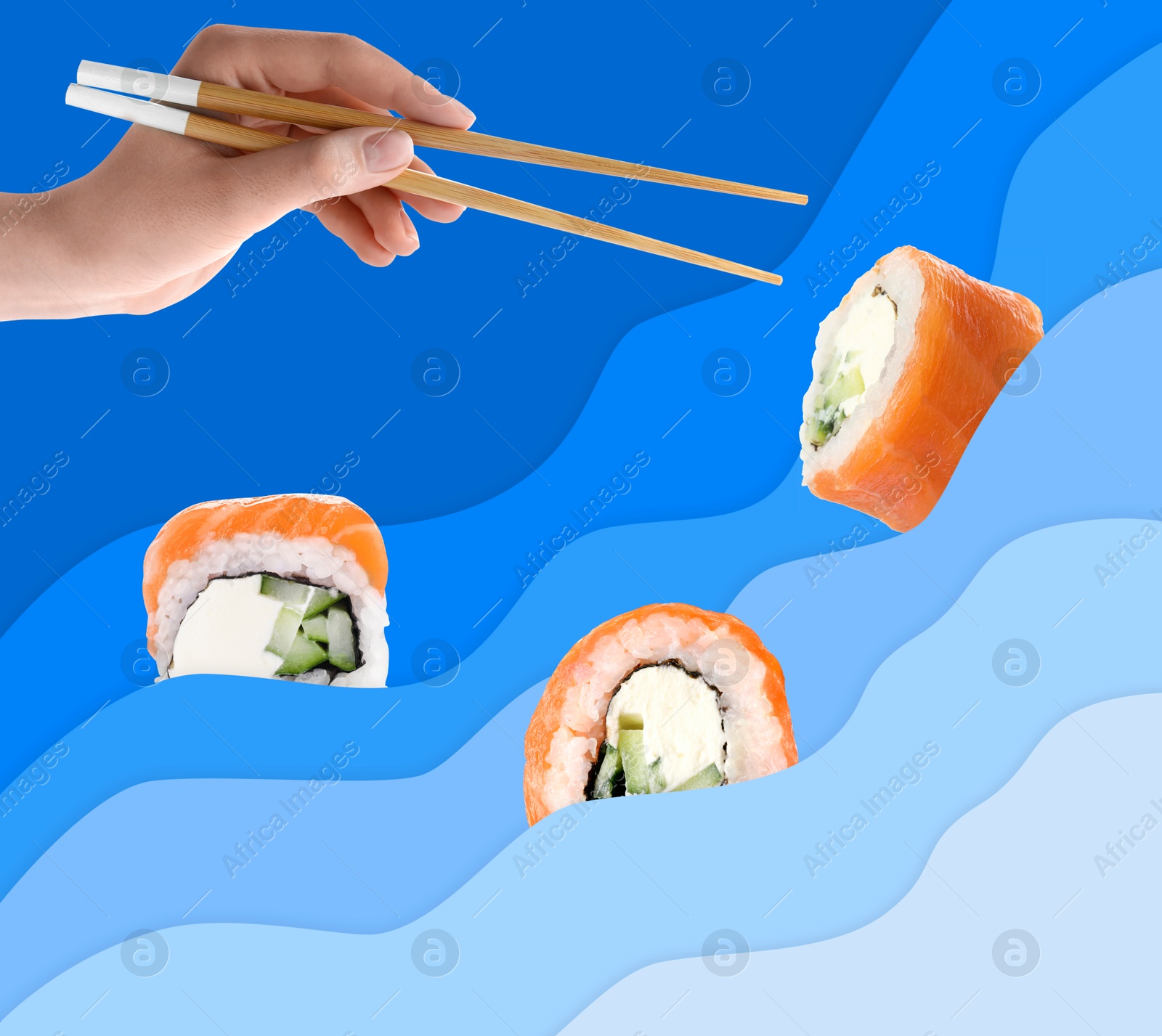 Image of Woman taking yummy sushi roll with chopsticks, creative collage. Blue gradient background as waves