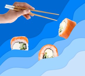 Image of Woman taking yummy sushi roll with chopsticks, creative collage. Blue gradient background as waves