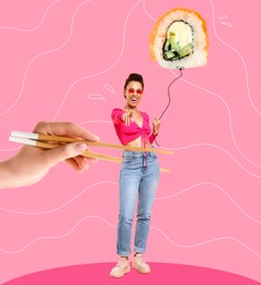 Young woman holding sushi roll as balloon on pink background, creative collage