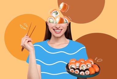 Happy woman with sushi rolls in head and on plate against color background, creative collage