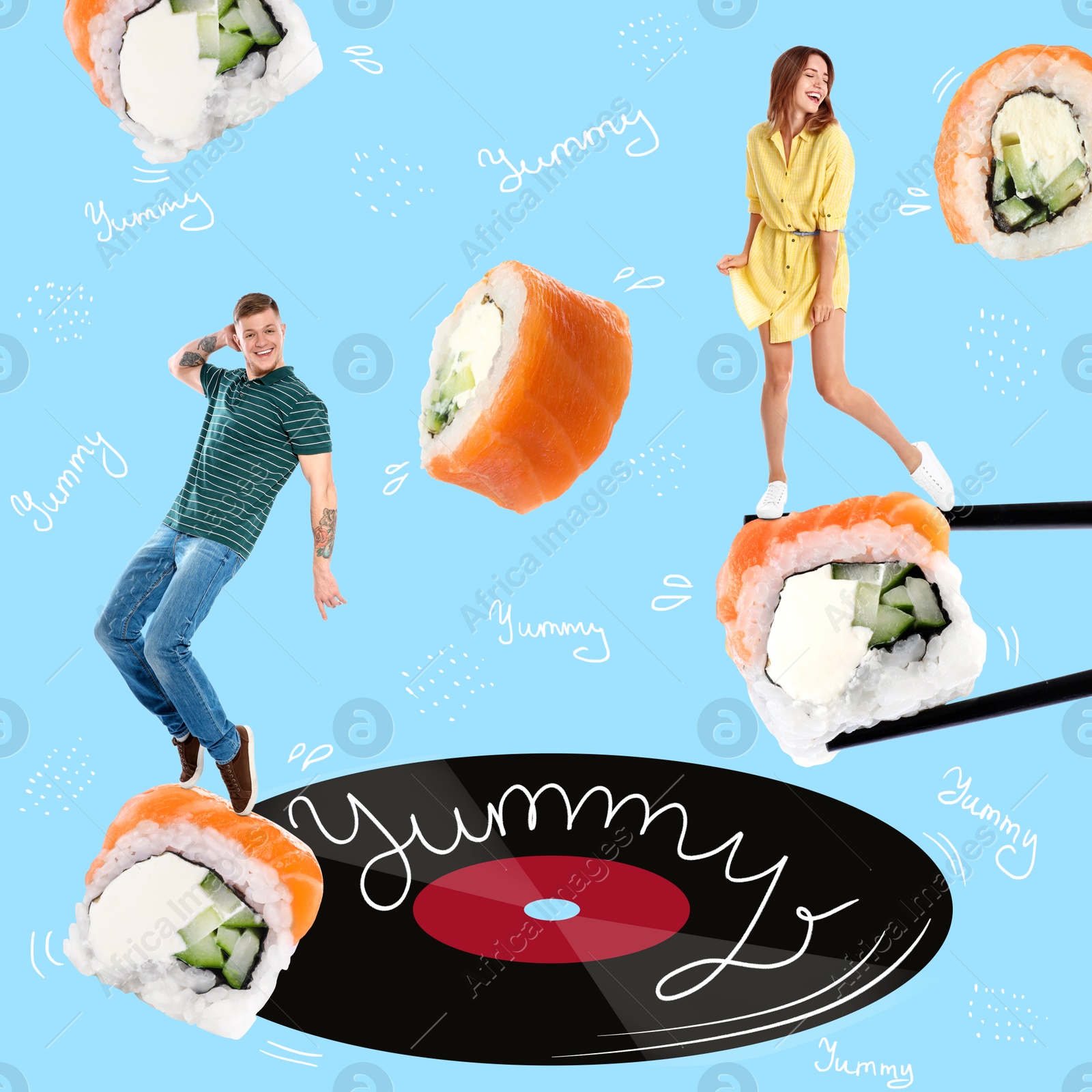 Image of Creative collage with sushi rolls, man and woman on light blue background