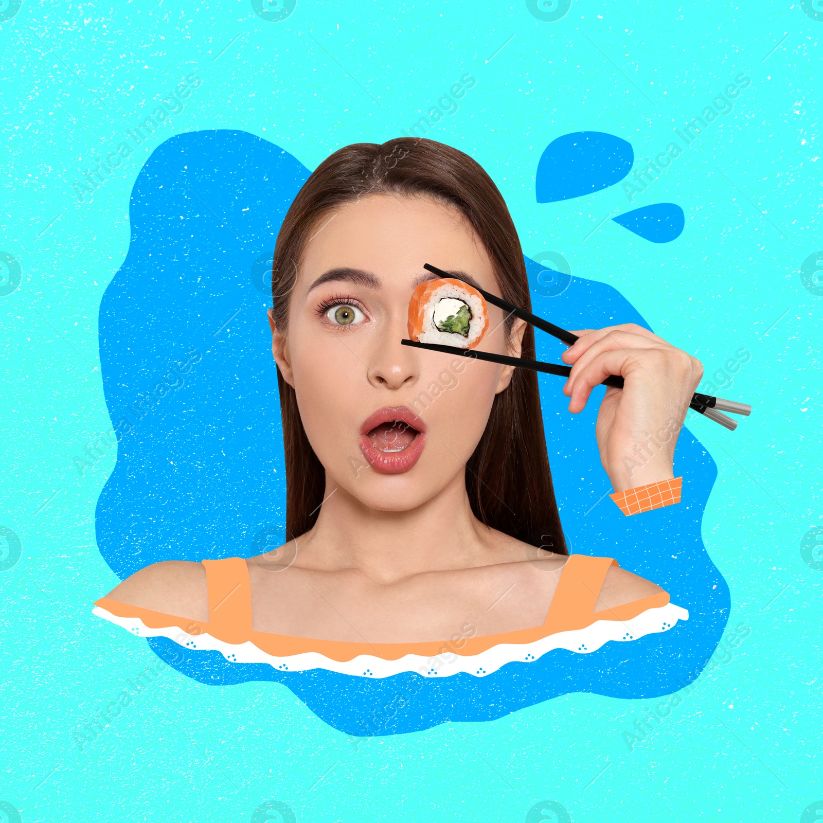 Image of Surprised young woman holding sushi roll with chopsticks near her eye on light background, creative collage