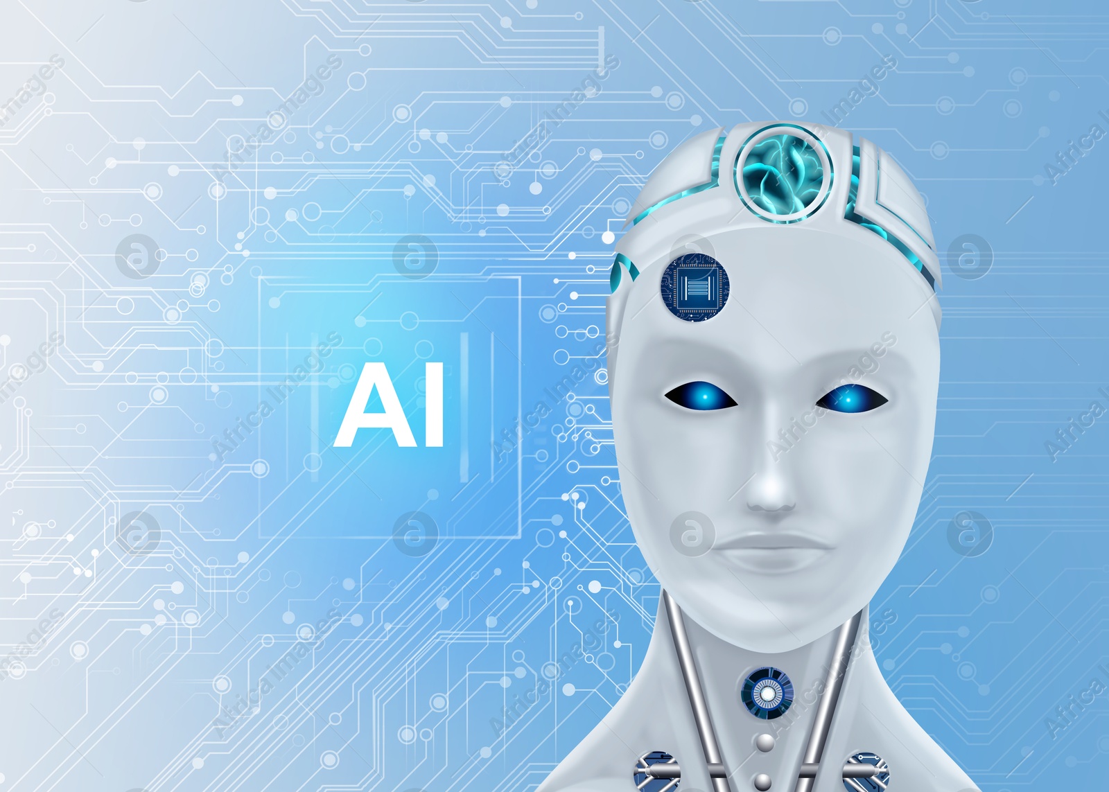 Image of AI abbreviation and robot on color background with electric circuit board pattern