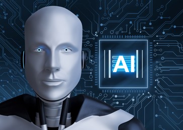 AI abbreviation and robot on dark background with electric circuit board pattern