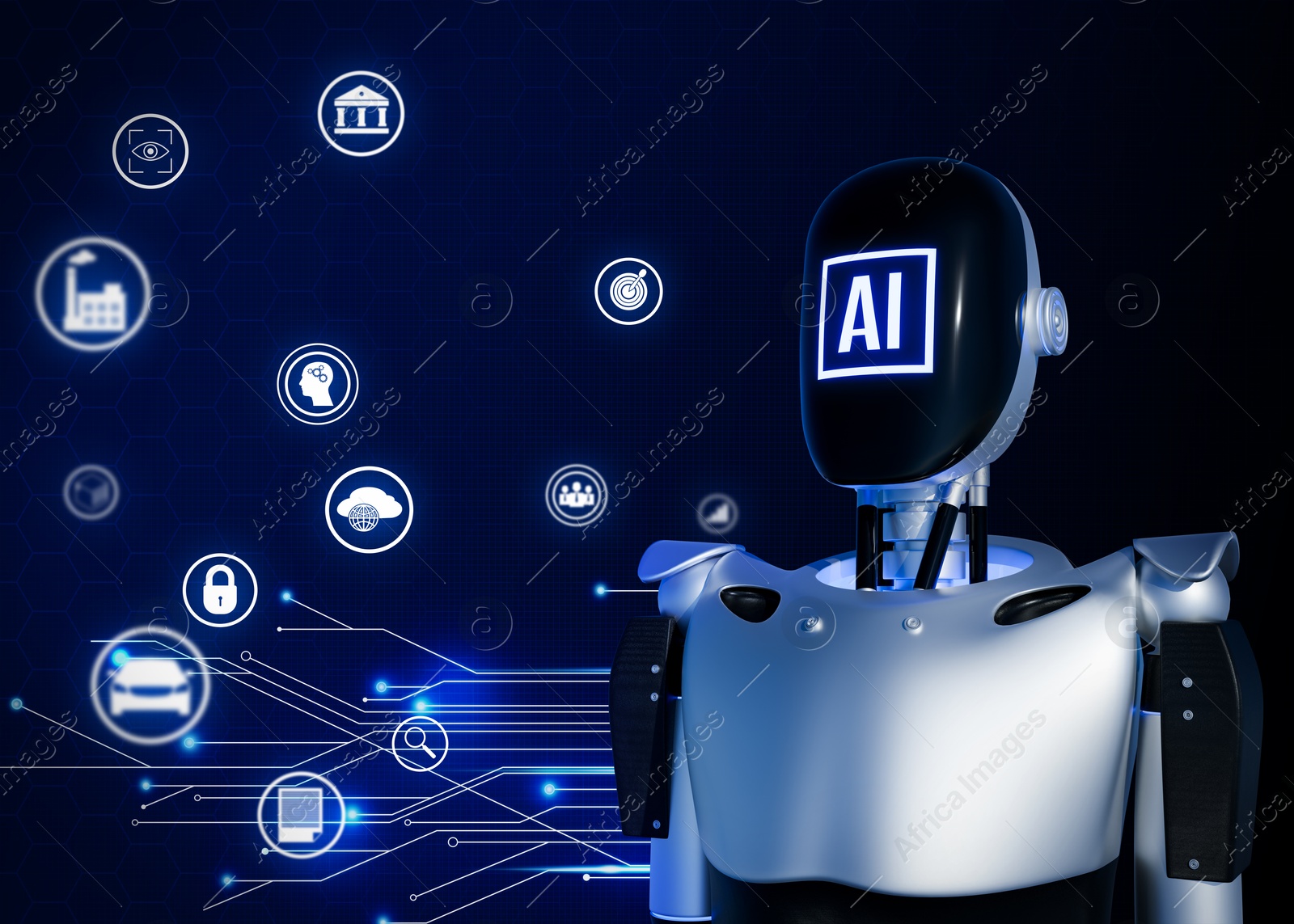 Image of Robot with AI abbreviation on face on dark blue background. Different icons near machine