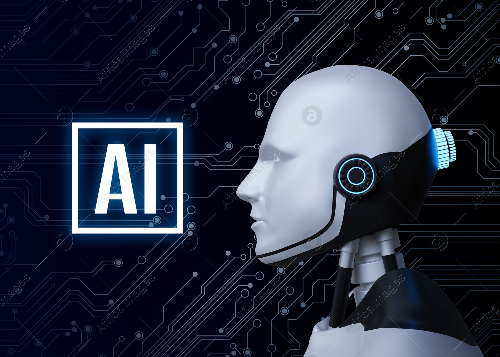 Image of AI abbreviation and robot on dark background with electric circuit board pattern