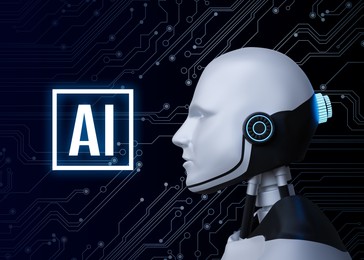 AI abbreviation and robot on dark background with electric circuit board pattern