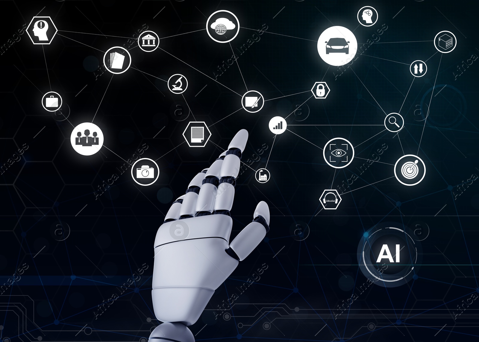 Image of Artificial intelligence, futuristic concept. Robot hand pointing at different icons on dark background