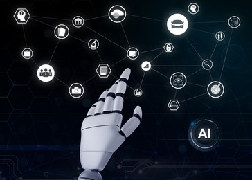 Artificial intelligence, futuristic concept. Robot hand pointing at different icons on dark background