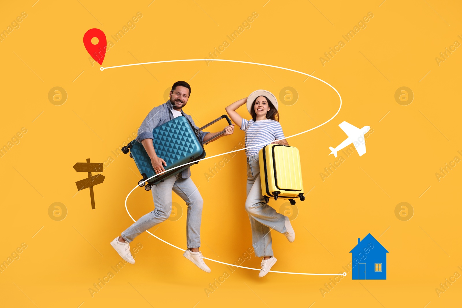 Image of Happy travelers with suitcases jumping on orange background. Route of journey with illustrations