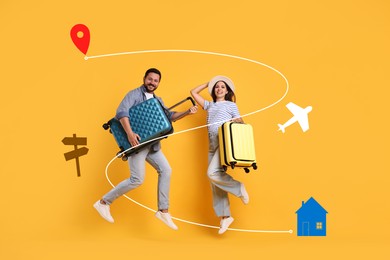 Happy travelers with suitcases jumping on orange background. Route of journey with illustrations