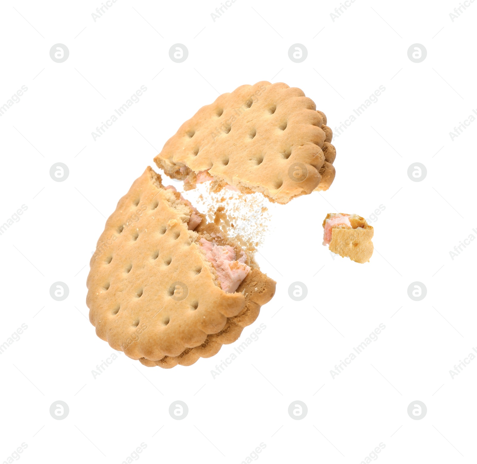 Image of Tasty broken sandwich cookie in air on white background