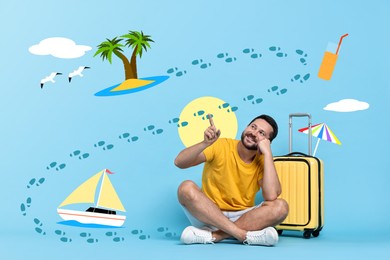 Image of Happy traveler with suitcase pointing at footprints on light blue background. Route of journey with illustrations