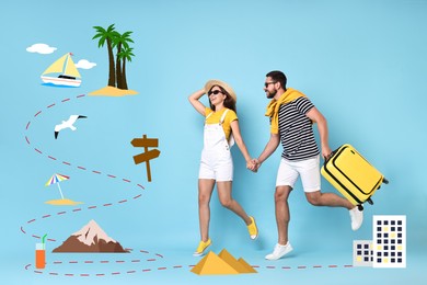 Image of Happy travelers with suitcase on light blue background. Route of journey with illustrations