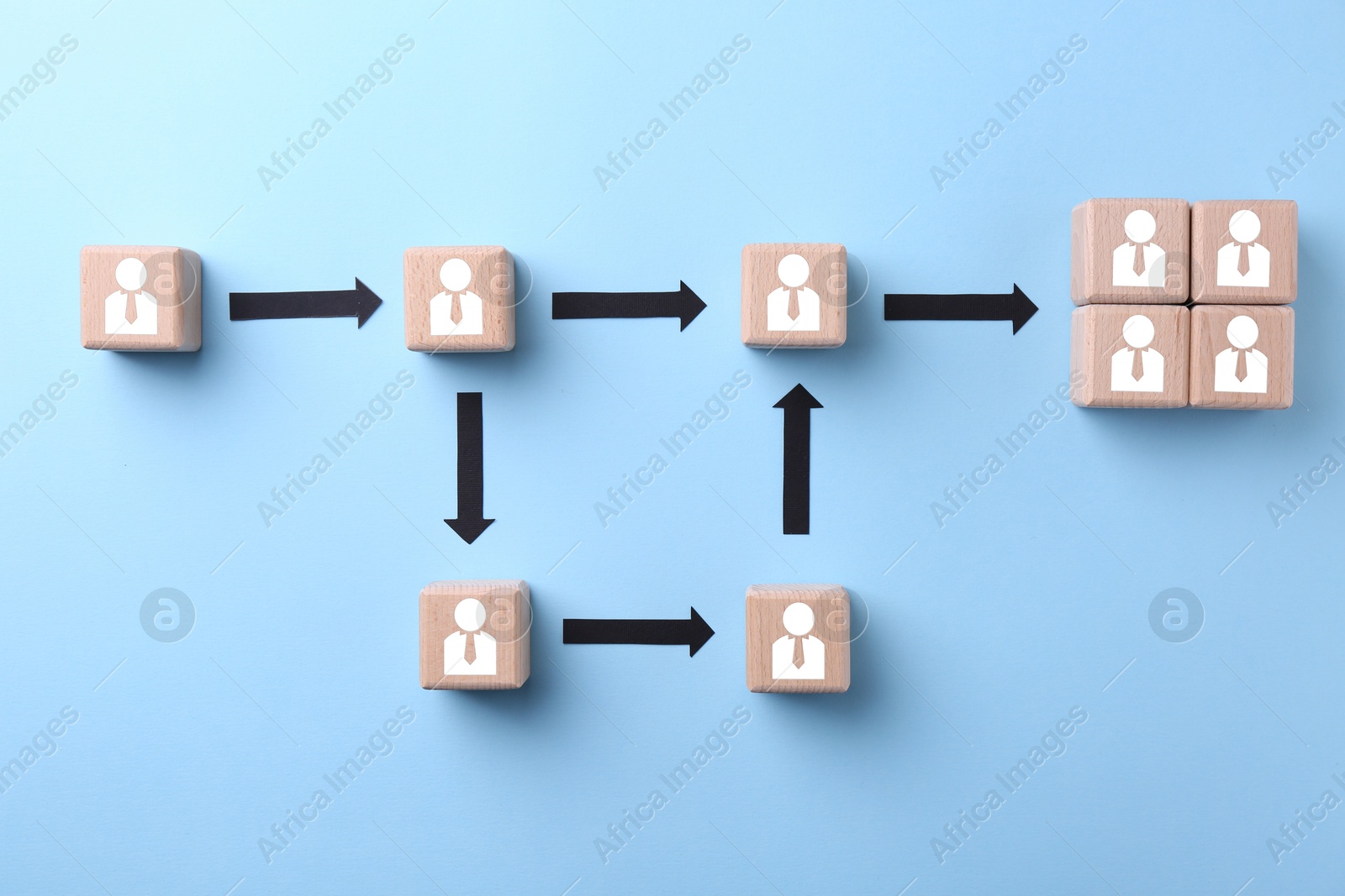 Image of Human resource. Scheme of wooden cubes with human icons on light blue background, top view