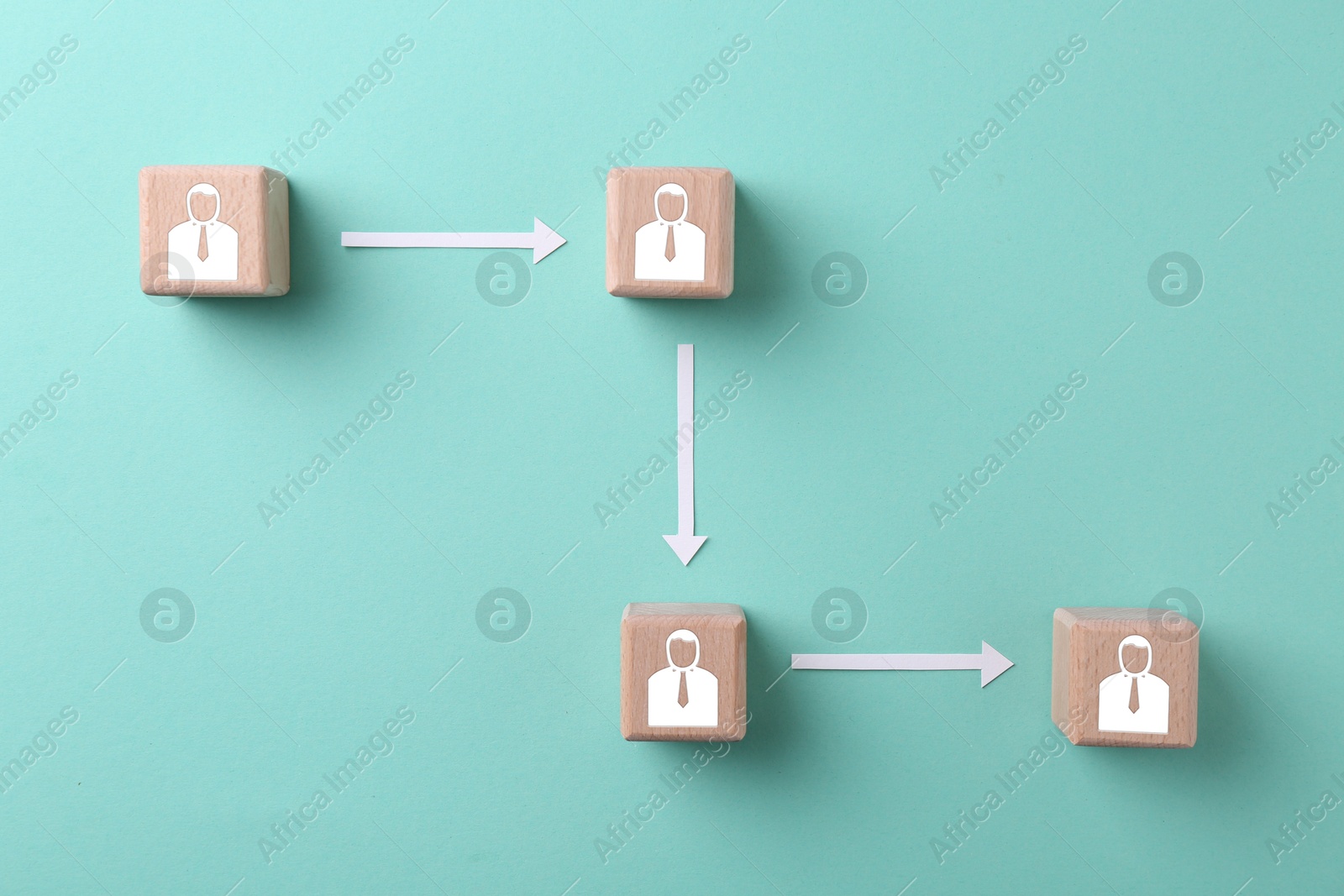 Image of Human resource. Scheme of wooden cubes with human icons on turquoise background, top view