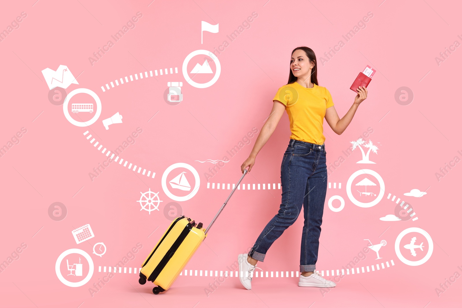 Image of Traveler with suitcase, passport and ticket walking against route of journey on pink background. Line of way with illustrations